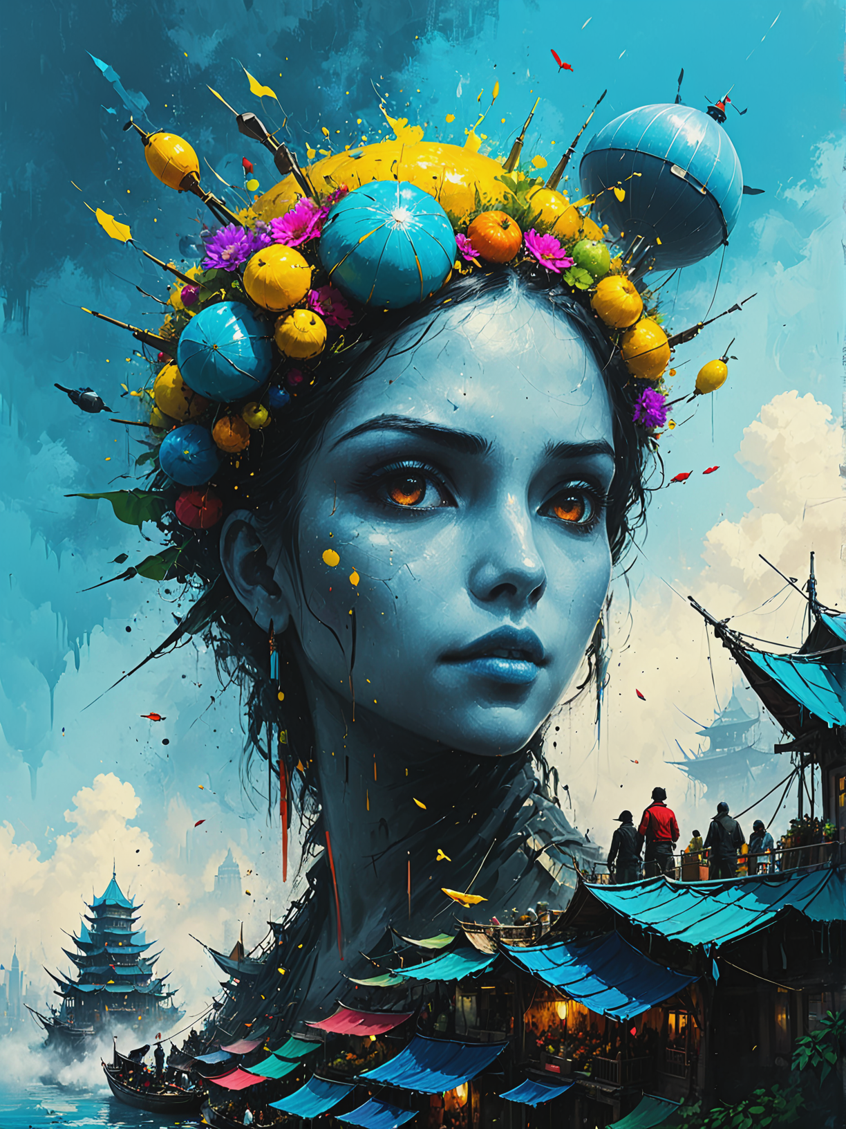 [Mind-upload civilization in digital utopia:Floating market in airship city:0.5], ultra-fine digital painting, <lora:xl_more_art-full_v1:0.3>,  <lora:Desolation:0.6> <lora:gorgoeus_splash_of_vibrant_paint:0.7> Gorgeous splash of vibrant paint