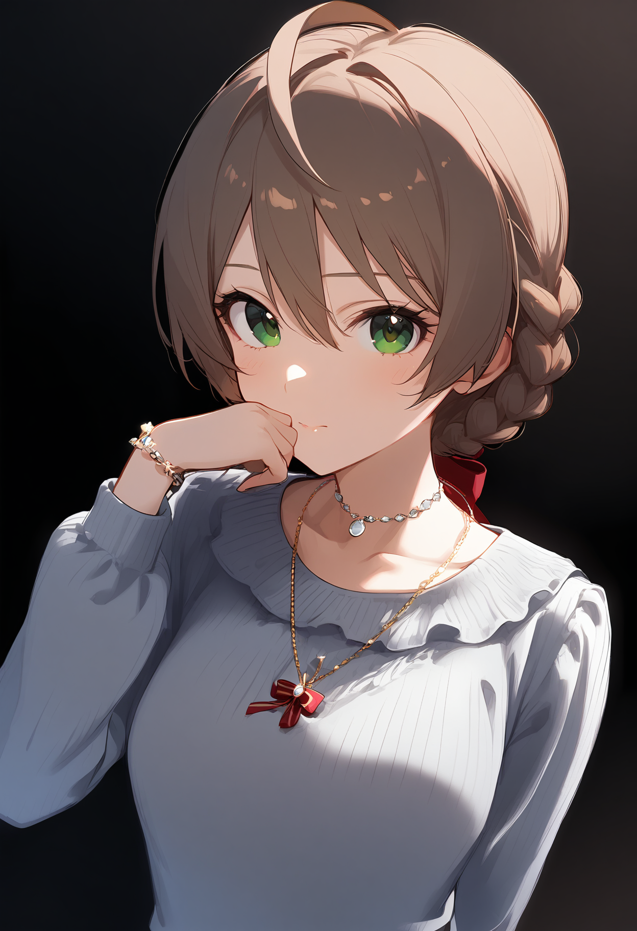 1girl,
sakuramori kaori,


ahoge, braid, blush, black background, solo, sweater, ribbon, grey sweater, looking at viewer, jewelry, frilled shirt, gradient background, hand to own mouth, ribbed sweater, green eyes, frills, swept bangs, collarbone, shirt, hair between eyes, necklace, upper body, white shirt, arm behind back, red ribbon, light brown hair, long sleeves, medium hair, bracelet, french braid, closed mouth, hair flaps,

sfw
<lora:a31_char_new_sakuramori_kaori-000018:1> <lora:a31_style_koni-000010:0.8>