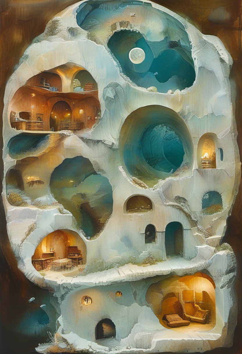 (colorized illustration), depicting the inside of a burrow that functions as a the cozy dwelling of a sentient hedgehog.