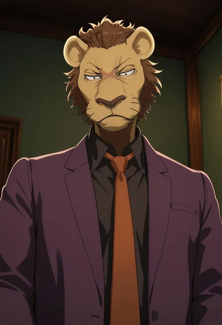 high quality, detailed, male, solo male,Dolph, mature male, anthro, lion, x scar on face, scar, tan yellow fur, light brown mane, brown hair, short spiky mane, spiky hair, black eyes, sharp teeth, animal ears, beastars, athletic build, indoors, living room, purple suit, black dress shirt, orange tie, scowl