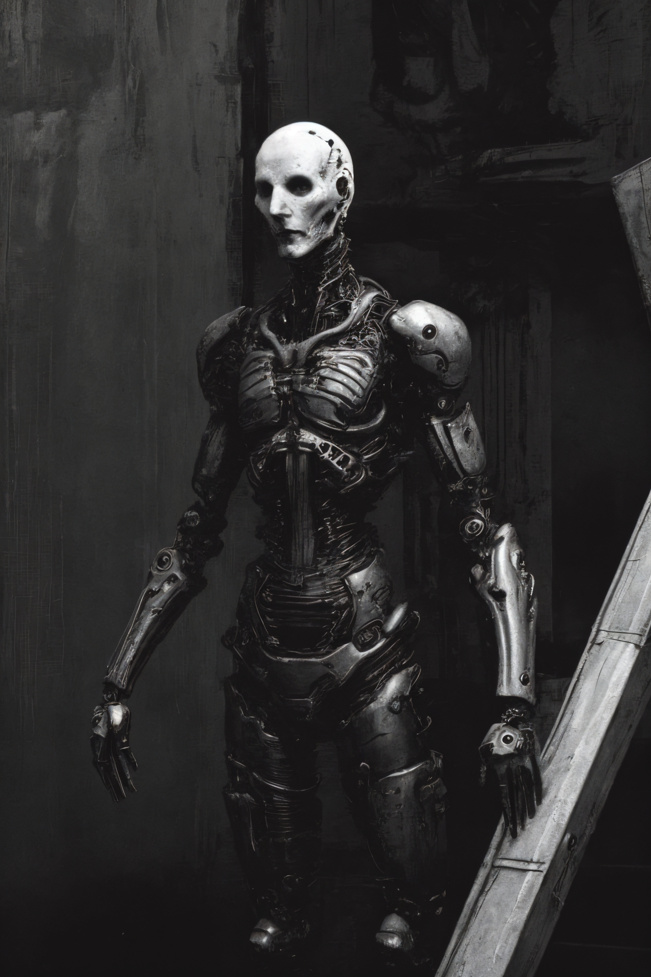 (humanoid with a white synthetic skin face full of cybernetic implants), (thick dark leather coat with neck cover:1.3), (cross tattoo only on forehead:1.3), 1guy, blue sky, cloud, collarbone (looking at viewer and smiling:1.2), (white reflective eyes:1.1), sky, solo, upper body, ((masterpiece)), (smirk512:1.3), (synth goth cyber armor with metal plates:1.3), (thick stretched neck guard made out of body pipes:1.2), <lora:epiNoiseoffset_v2:1>, (masterpiece), (best quality), (high resolution), hyper detailed, detailed_background, cables, dim light, vast, space age architecture, communism architecture
OrganicBiomArt, <lora:bodhor:0.4> <lora:Blame!:1>
((environment falling apart)), (catastrophic failure), ((action shot))