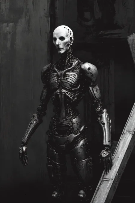 (humanoid with a white synthetic skin face full of cybernetic implants), (thick dark leather coat with neck cover:1.3), (cross tattoo only on forehead:1.3), 1guy, blue sky, cloud, collarbone (looking at viewer and smiling:1.2), (white reflective eyes:1.1), sky, solo, upper body, ((masterpiece)), (smirk512:1.3), (synth goth cyber armor with metal plates:1.3), (thick stretched neck guard made out of body pipes:1.2), <lora:epiNoiseoffset_v2:1>, (masterpiece), (best quality), (high resolution), hyper detailed, detailed_background, cables, dim light, vast, space age architecture, communism architecture
OrganicBiomArt, <lora:bodhor:0.4> <lora:Blame!:1>
((environment falling apart)), (catastrophic failure), ((action shot))