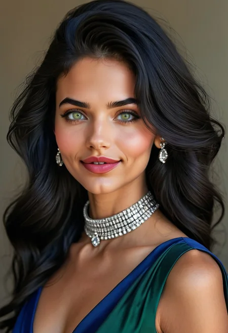 photorealistic, epic realism, (masterpiece), (Realistic photo), (High quality), (RAW photo 8k), (upper body), (Photography by Steve McCurry), incredibly absurdres, young, supermodel, 1girl, solo, ((upper body:1.4)), ((portrait, looking at the viewer)), (outline defined full lips:1.4), (green/hazel eyes), perfect symmetrical eyes, long eyelashes, wearing an indigo haute couture dress, neckline, diamond choker, diamond stud earrings, sparkle, (highly detailed, intricate), ((black hair:1.4), modern hairstyle, hair intakes, (healthy hair, silky hair, voluminous hair)), ((natural, eyeliner, pink lipstick, seductive smiling expression, closed mouth, closed lips, highly detailed face)), (exceptional Detail Clarity, dynamic angle, DSLR, hyper-detailed), (fine details, sharp focus, depth of field).