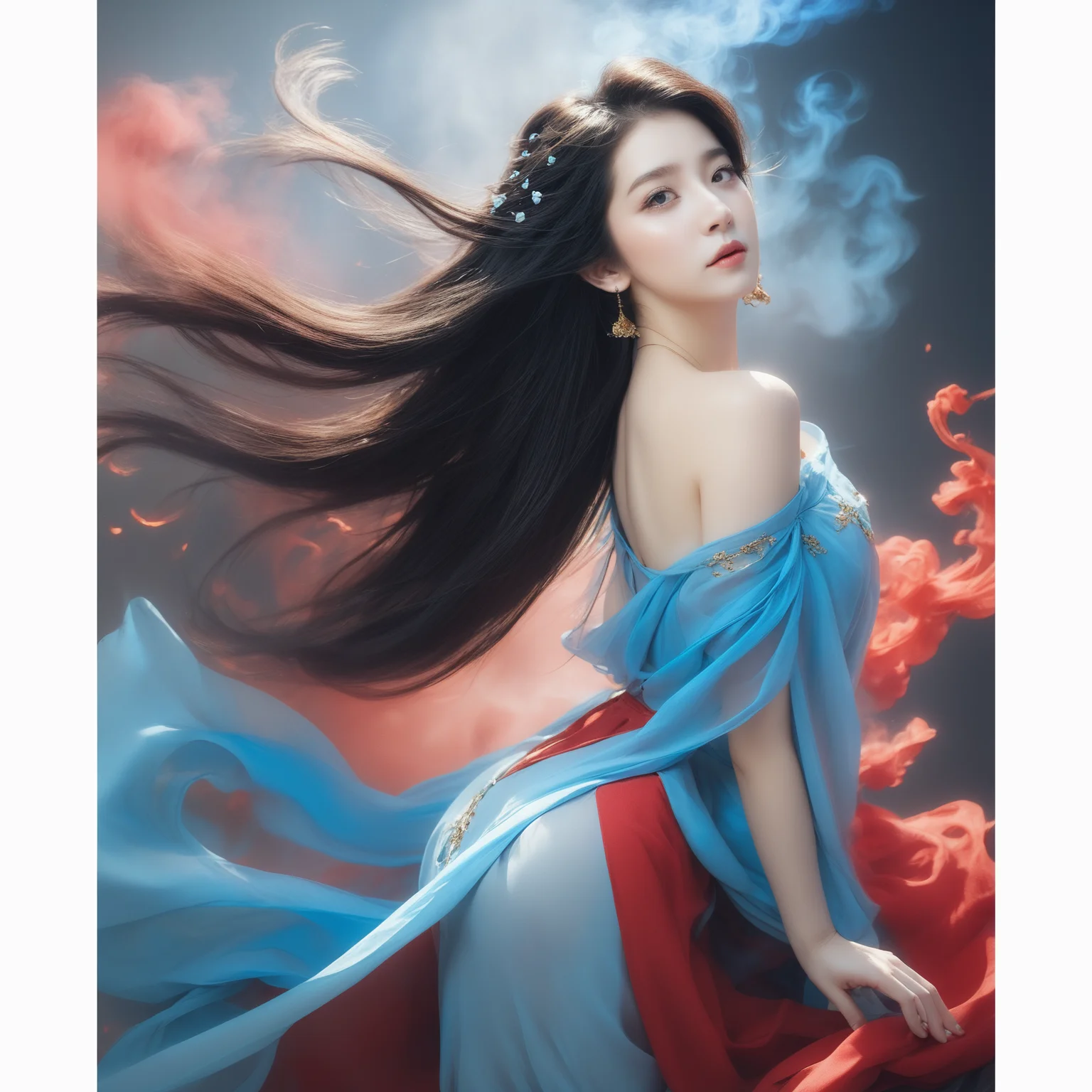 jinling,1girl,solo,red smoke,blue smoke.jewelry,earrings,long hair,flowerr,blue dress,,upper body,red dress,black hair,bare shoulders,floating hair,s, ray_traycing,best quality,masterpiece,magazine cover,cinematic_lighting,<lora:jinlingsdxl-000005:1>