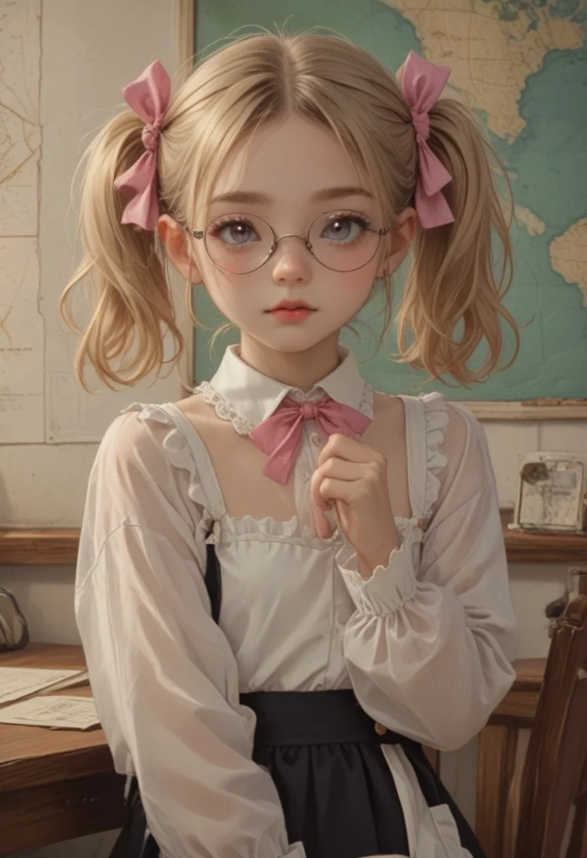 masterpiece,best quality,amazing quality, score_9, score_8_up, score_7_up, ultra sharp, beautiful face
Olya znaykina, blonde hair, twintails with pink bows, round glasses, black short minidress, white apron, shoes with white socks 
, cute, 
, detailed eyes, 
Cowboy shot, view legs,
Desk, chair, map, blackboard,