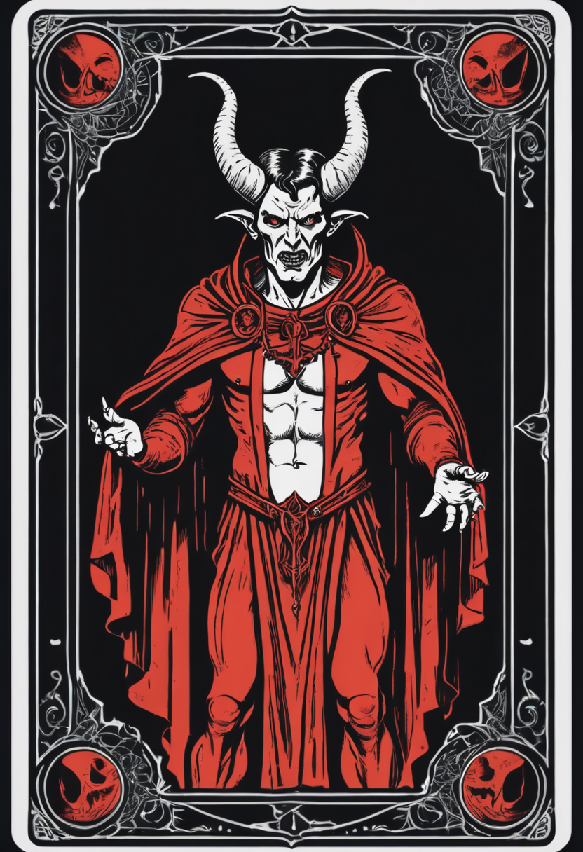 tarot card, satan, front perspective, black background, flat, frame, square, white outline