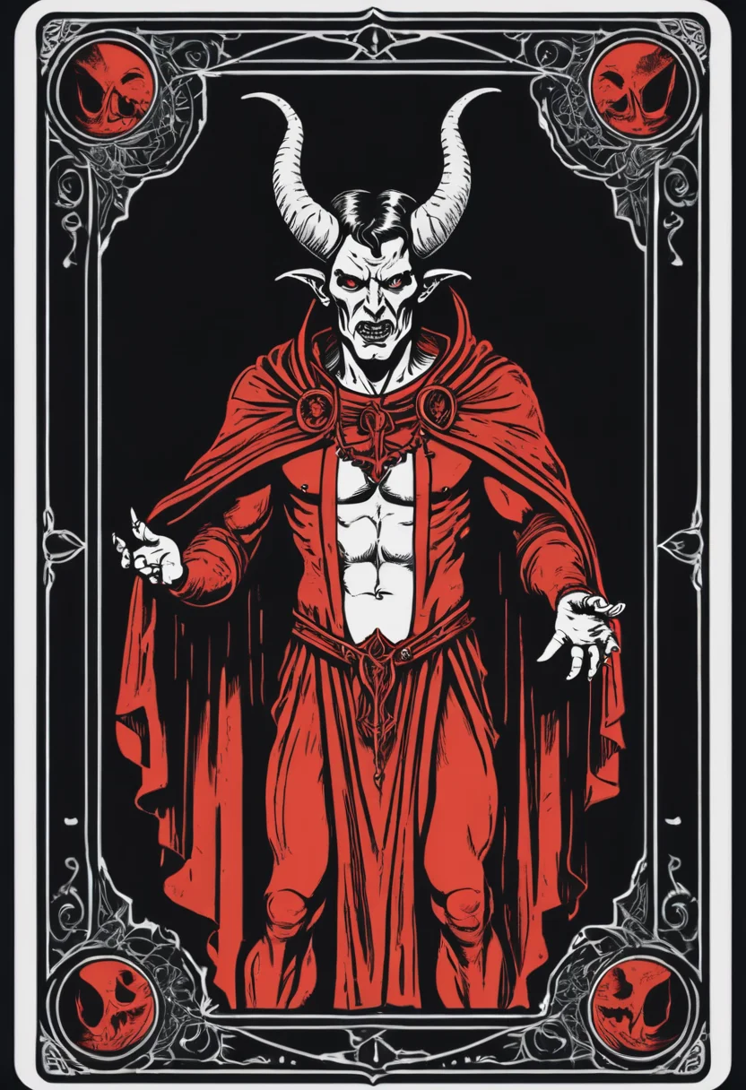 tarot card, satan, front perspective, black background, flat, frame, square, white outline