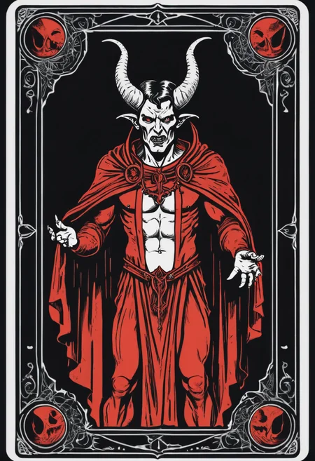 tarot card, satan, front perspective, black background, flat, frame, square, white outline