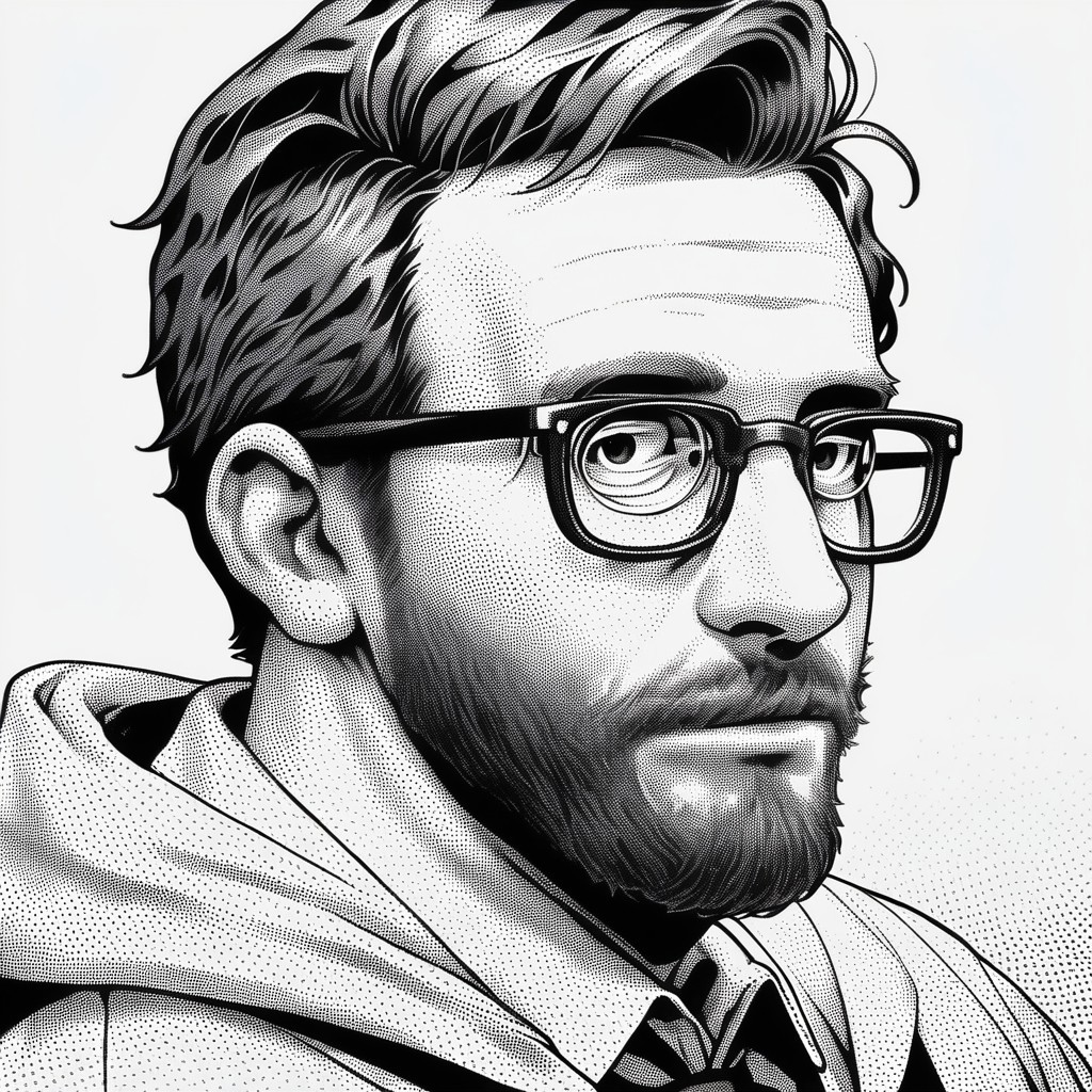 score_9, score_8_up, score_7_up, 1boy, glasses, solo, male focus, beard, facial hair, white background, hood, simple background, upper body, halftone, stippling, stippling drawing, stippling style,