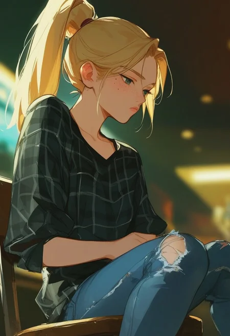 score_9, score_8_up, score_7_up, score_6_up, score_5_up, score_4_up, 2d, anime, manga, girl, Tied hair, black suit, black shirt, Cold expression, expressionless, dismal, gloomy, face clearly visible, rare angle, dutch angle, semi-realism, flat colors, enhanced anime, noise effect, sharp details, , VHS,
BREAK
girl in knotted shirt, 1girl, solo, denim, shirt, torn pants, jeans, pants, blonde hair, freckles, plaid shirt, mole, torn clothes, mole under eye, ponytail, torn jeans, long hair, bar background, blurry background, dust, American, sitting on stool chair, cowgirl, beautiful, attractive woman, dynamic angle, darkness,
