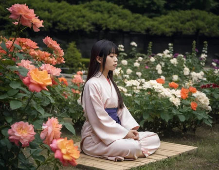 Hight detail RAW color photo, professional photograph, (Strong saturation:2.0), side view,
beautiful japanese woman, 20 yo, Straight long hair with bangs,
She is wearing a robe and sitting cross-legged with her Half-closed eyes meditating,
Colorful flowers blooming in the garden, <lora:roseyard:1>,