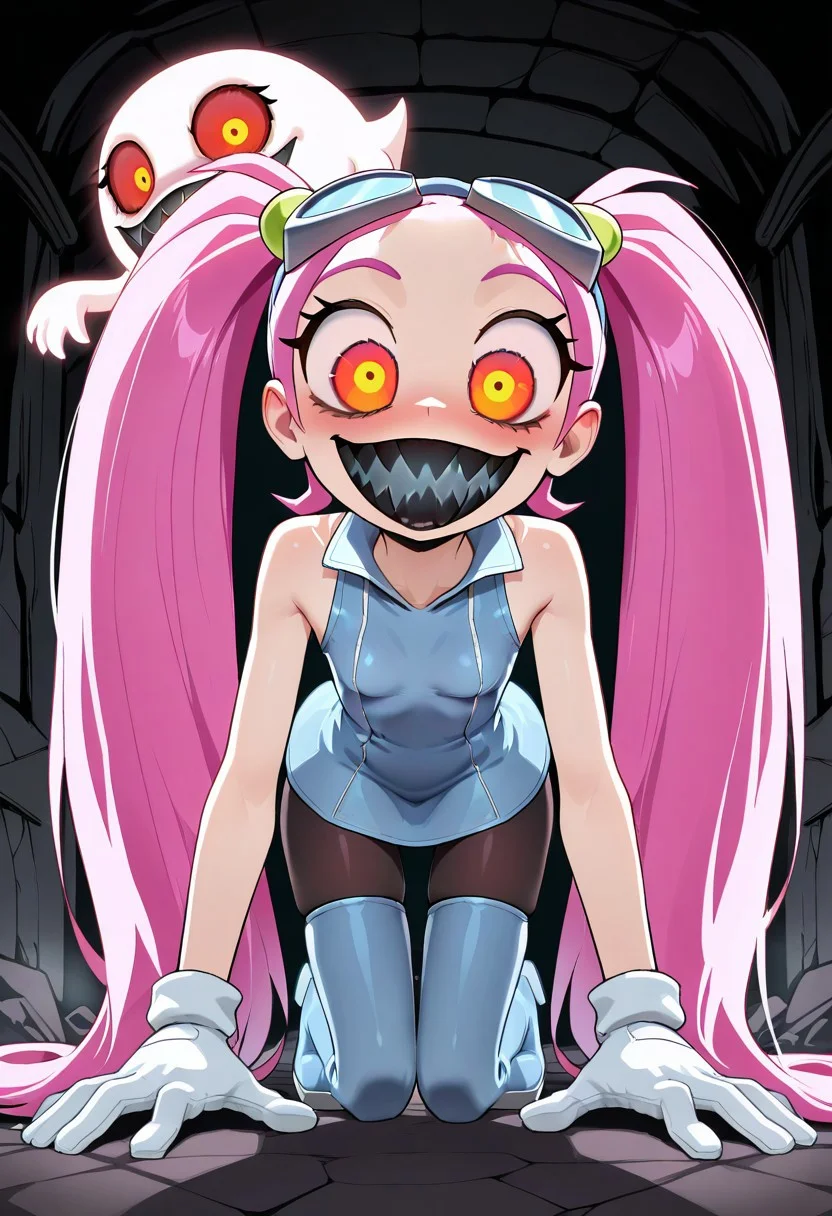 masterpiece, best quality, amazing quality, very aesthetic, absurdres, lovrina, white gloves, short dress, pantyhose, thighboots, goggles on head, boo possession, black teeth, sharp teeth, multicolored eyes, red eyes, yellow eyes