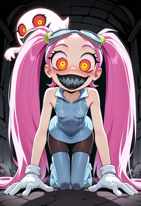 masterpiece, best quality, amazing quality, very aesthetic, absurdres, lovrina, white gloves, short dress, pantyhose, thighboots, goggles on head, boo possession, black teeth, sharp teeth, multicolored eyes, red eyes, yellow eyes