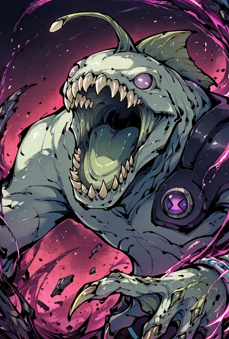 <lora:ripjaws-08:1> ripjaws, sharp teeth, solo, claws, 1boy, light green skin, no humans,  shockwaves, concentric rings, debris, upper body, open mouth,  <lora:Tokiame_Style_Illustrious_V1:1> tokiame, masterpiece, best quality, amazing quality, very aesthetic, absurdres, newest,