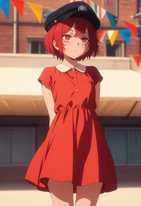 masterpiece, best quality, amazing quality, LDSCH, aesthetic, 1girl, solo, dress, short_hair, red_hair, striped, hat, flag, arms_behind_back, red_eyes, string_of_flags, standing, pennant