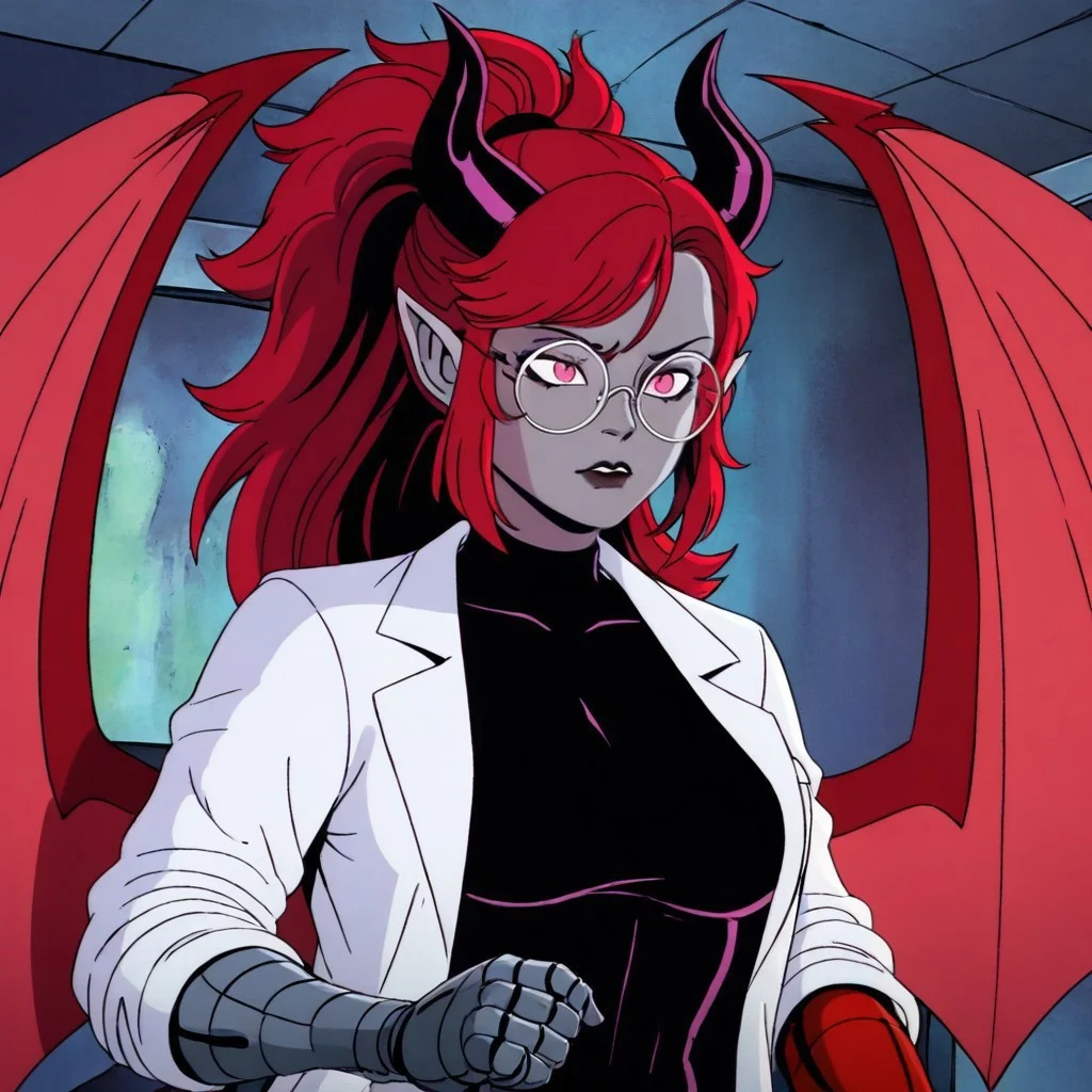 masterpiece, best quality, newest, absurdres, highres,
X-1990STV1.0,
1girl, succubus, grey skin, goth, goth girl, goth makeup, grey colored skin, red hair, demon girl, horns, wings, bat wings, demon wings, red wings, lab coat, coat, single mechanical arm, glasses, round glasses, ponytail, high taied ponytail, side bangs, pink eyes, prosthesis, prosthetic arm, medium breasts, pointy ears,