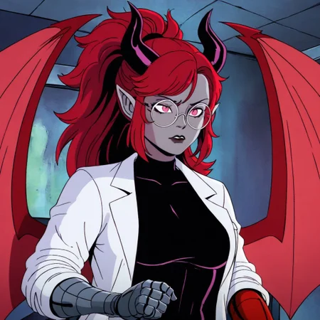masterpiece, best quality, newest, absurdres, highres,
X-1990STV1.0,
1girl, succubus, grey skin, goth, goth girl, goth makeup, grey colored skin, red hair, demon girl, horns, wings, bat wings, demon wings, red wings, lab coat, coat, single mechanical arm, glasses, round glasses, ponytail, high taied ponytail, side bangs, pink eyes, prosthesis, prosthetic arm, medium breasts, pointy ears,