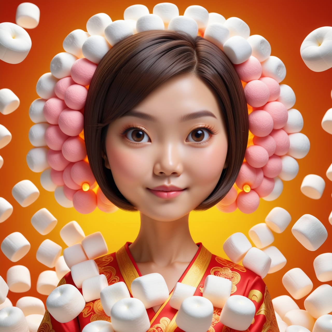 elegant, Energizing Vietnamese (Girlfriend:1.2) , Patron Saint of Demons, Adorable hair styled as Short bob, blending elements of cartooning with fine art, cinematic atmosphere, children's books, contemporary commentary, gorgeous, cute, made out of Jed-mrshmlw, <lora:MarshmallowStyle-000007:0.5>, masterpiece, highly intricate, dynamic dramatic atmosphere, colorful, beautiful detailed supreme quality color intricate, fine detail, cute
