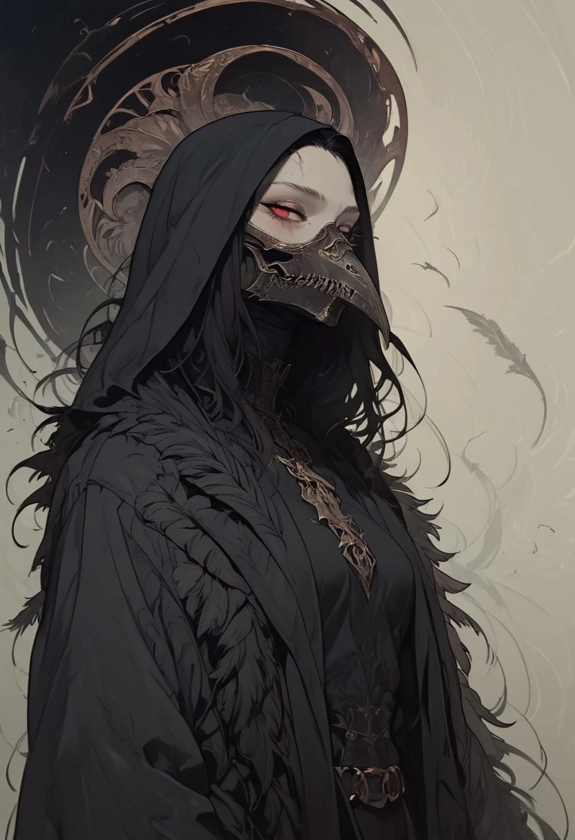zPDXL3 , Expressiveh , score_9 , score_8 , score_7 , score_6_up , highly detailed , high quality , high res , skindentation , Art Noveau , Noveau ,
solo ,plague doctor, mask , dark halo , feathered wing , black feather , feather coat
