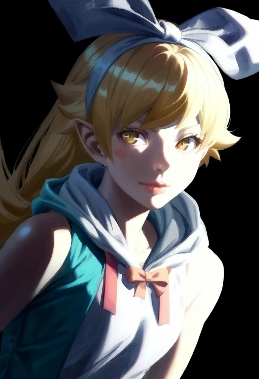 score_9,score_8_up,score_7_up,score_6_up, easynegative, SJ_Style, oshino shinobu,long hair,solo,blonde hair,yellow eyes,pointy ears,blush stickers,,fang, 1girl, upper body, pom pom (clothes), simple background, blonde hair, lips, hair bow, looking at the viewer, hood down, black background, sleeveless hoodie, bow hairband, nose, drawstring, ribbon, epiCPhoto