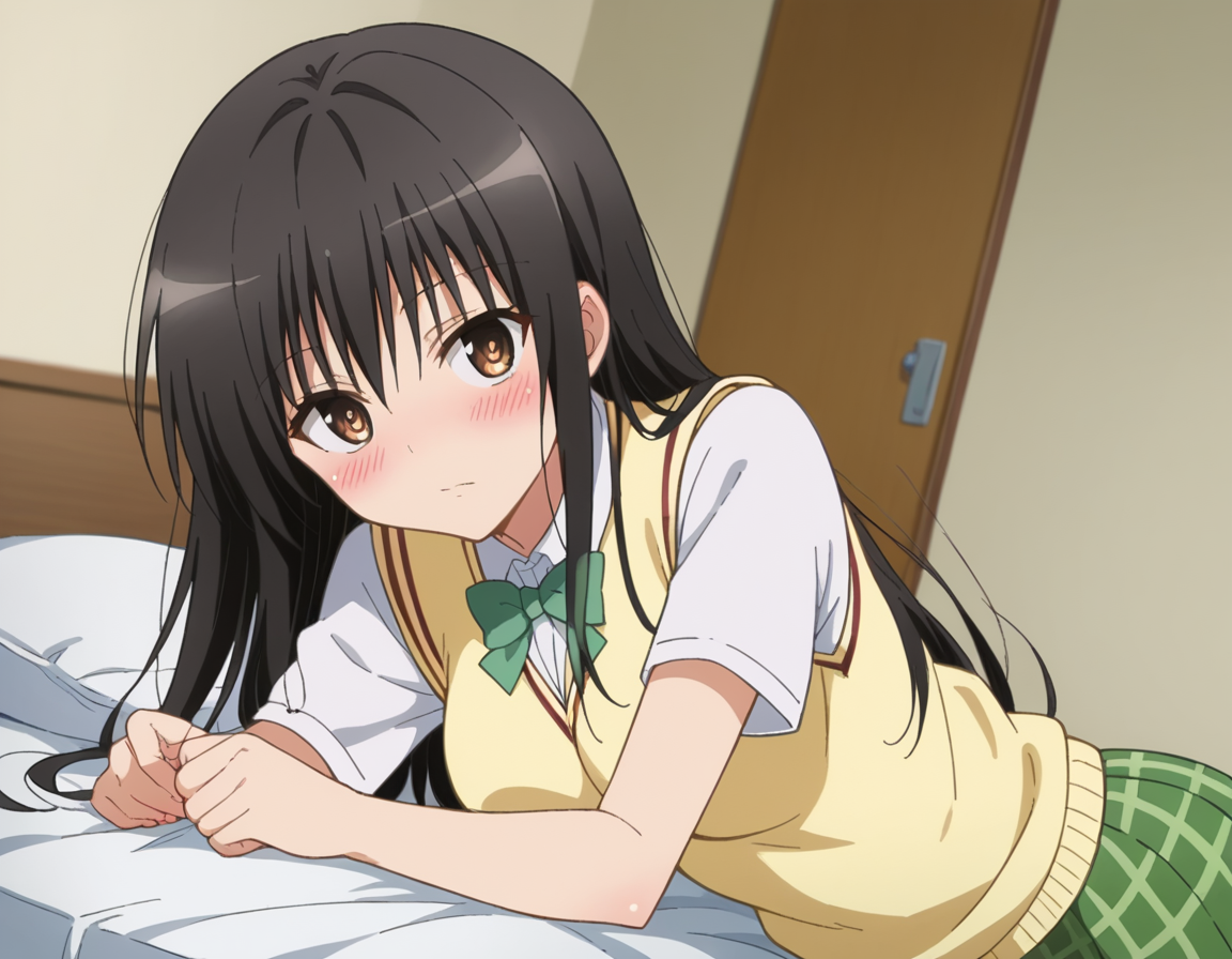 score_9, score_8_up, score_7_up, source_anime,
yuikotegawa, <lora:yui-kotegawa-darkness-ponyxl-lora-nochekaiser:1>,
yui kotegawa, black hair, brown eyes, long hair,
green skirt, plaid, plaid skirt, sainan high school uniform, school uniform, skirt, sweater vest, yellow sweater, short sleeves,
indoors, bed, bed room, on side, blush, drunk,
looking at viewer, dutch angle, cowboy shot,