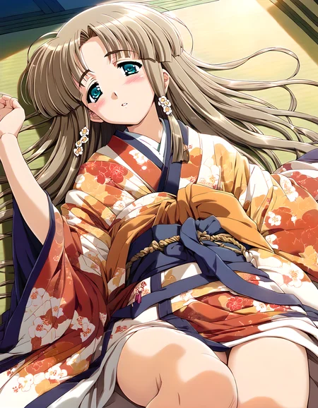 <lora:pony_xl_amu:0.9>,amu,score_9,score_8_up,score_7_up,source_anime,best quality,masterpiece,super fine illustration,1girl,solo,light_blush,parted lips,collarbonea,thigh,japanese clothes,floral print,long sleeves,wardrobe_error,indoors,on back,tatami,