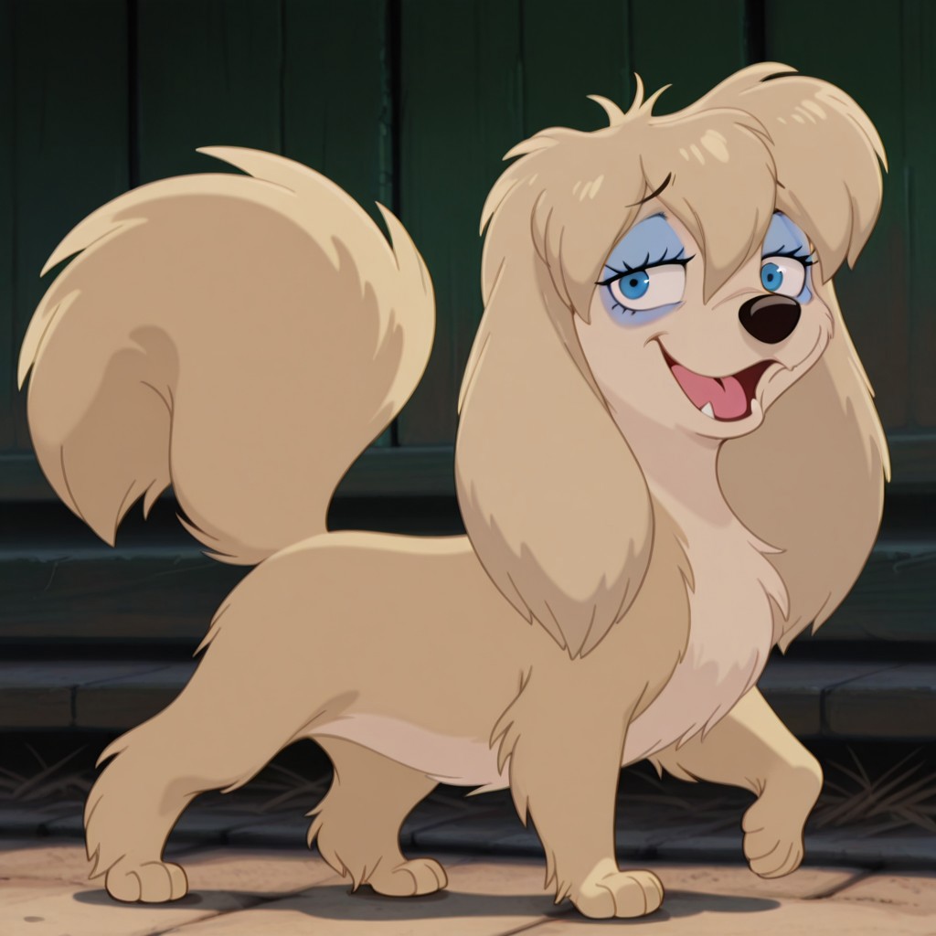 peg, female, dog, disney, blonde fur, long ears, light blonde belly, blue eyes, blue eyeshadow, bangs, hair tuft, BREAK score_9, score_8, score_7, no humans, (((full body))), standing, solo, female, feral, hight definition, hyper detailed, best quality, amazing quality, 1girl, cute, cute smile, cute pose, 8k, masterpiece, looking at viewer BREAK dancing, quadruped, happy, friendly, adorable, expressive eyes, sweet, smiling, sassy, open mouth, half-open eyes, outside, smug, flirty, playful