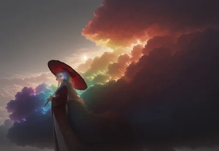 masterpiece, best quality, absurdres,hyper realistic,detailed eyes,
1 female solo,((((Cloud hair)))),long hair,blue eyes,kitsune tails,white kimono,red sleeves,golden embroidery,
wide shot,from side,feet out of frame,low angle,
looking to the left,sun umbrella,washi umbrella,multicollored umbrella,red umbrella,black umbrella,
white background, ((((huge fluffy Clouds)))),((((rainbow gradient cloud))))