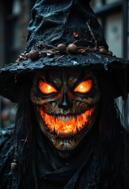 "A terrifying portrait of a person with a Halloween pumpkin head, glowing ominously from within. The pumpkin features a menacing expression, with sharp eyes and a twisted grin that highlights its jagged, carved teeth. It wears a dark, tattered witch's hat, adding an eerie touch to its appearance. The internal light casts deep shadows on the pumpkin's face, creating a dark and chilling atmosphere, perfect for the Halloween mood.
