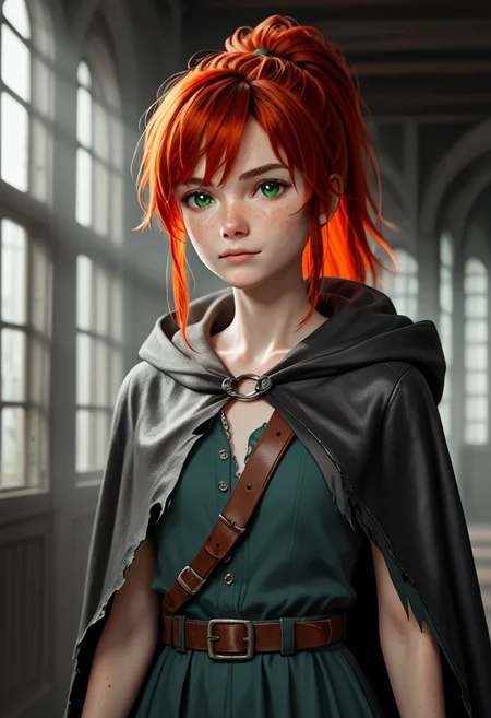 1girl, Masterpiece, 8k, ultra high detail, score_7 up, 
volumetric lighting, vivid colors, vibrant colors,  score_8_up, score_9,  small breast size, sporty red ponytail hair,  fcNeg, stunning green eyes, freckles, white skin, small nose, innocent beauty, slim face,  cute face, skinny body, perfect body, extreme detailed body, intence green eyes,  perfect face, ultra high detailed face, perfect eyes, petite, 
Face fokus, fokus on face, 
Leather wasteland warrior clothes, dark tattered cloak violently thrashing, dark long torn cloak with hood down, dark hood down, 
w4stel4nd3r, fingerless gloves, belt, torn clothes, 2 different leather long skirts,  
d3t41l3d, zPDXL3, 
Inside old bunker, dark corridor,
