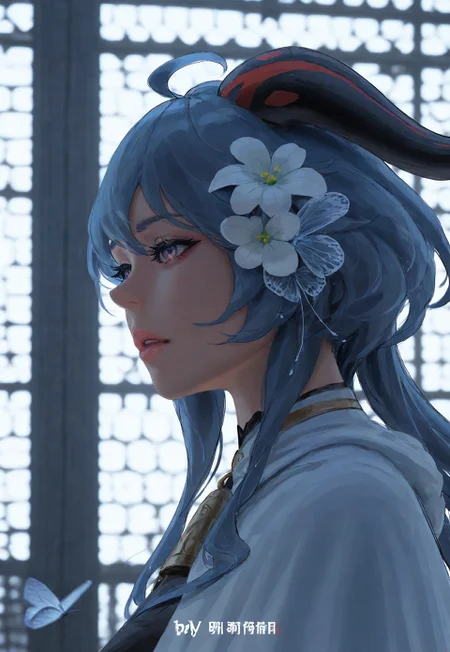(newest, recent,:1.3), (guweiz, wlop, pluvium grandis), realistic, year_2024, year_2023, year_2022, year_2021,
absurdres, highres, best quality, masterpiece, very aesthetic,
genshin impact, ganyu \(genshin impact\), 1girl, black horns, blue hair, bug, butterfly, cloak, feather hair ornament, feathers, hair ornament, horns, lips, long hair, parted lips, portrait, purple eyes, realistic, solo, white cloak, white feathers
indoors, window blinds, ahoge, blue hair, flower, flower knot, grass, qingxin flower