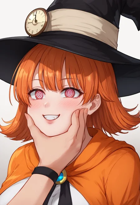 Dragon Quest Mage being hypnotized,
score_9, source anime, lewd, 1girl,
mind control, hypnotized, spiral eyes, mindless smile, looking at pendulum, hypnosis
(cheekpinch), pov, pendulum, pendulum hanging over face, deep cleavage, (pov holding pendulum),
dq3mage, orange hair, short hair, witch hat, orange cape,