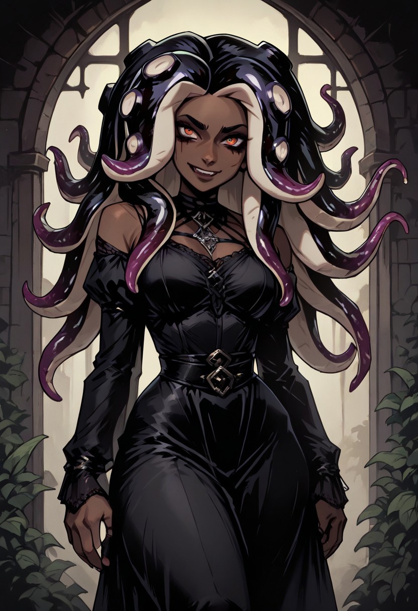 masterpiece, best quality, newest, absurdres, highres, TTCSV1.0, 1girl, dark skin, dark-skinned female, goth, goth girl, THV-1.0, Tentacle hair,