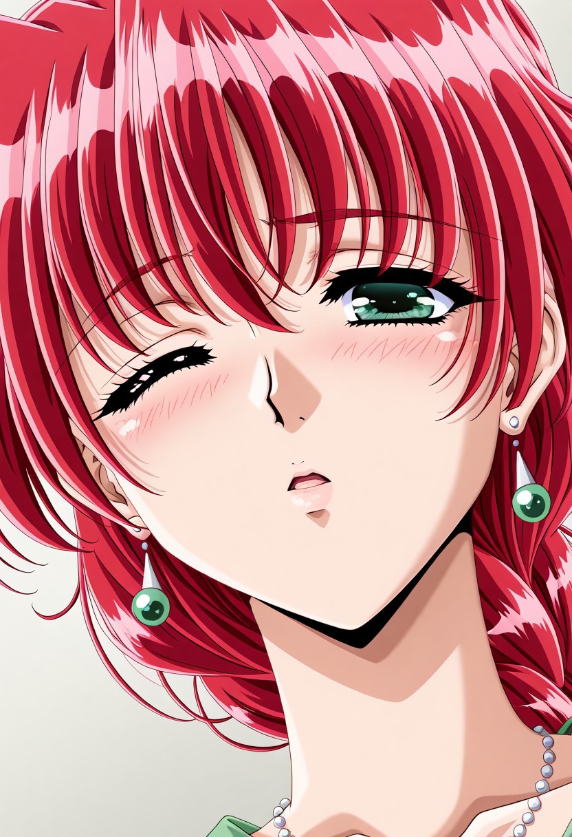 masterpiece, best quality, newest, highres, uncensored, 1girl, yokota mamoru style,1girl,Yamashita Kumi, Braided Hair Loopies, Long Hair, Red Hair, Spiky Bangs,Cyan eyes, Tareme eyes, Slim, Young-adult Young-adult,solo, open eyes,Cross Necklace,Guimpe,one eye closed, earrings, jewelry, long hair, blush, close-up,, dutch angle, portrait,full dressed