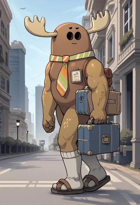 score_9_up, score_8_up, score_7_up, line art, 1boy, p@trick_fitzgerald, antlers, black eyes, socks, sandals, tie, city. walking, calm, side view, carries a suitcase,