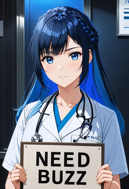 Doctor holding a sign that says ("NEED BUZZ":1.1) <lora:texta:1.2>, (anime, masterpiece, intricate:1.3), (best quality, hires textures, high detail:1.2), 1girl, blue hair, blue eyes, multicolored hair, black hair, braided hair,  <lora:SDXLCivitaiChanBirthday:0.7> civitchan