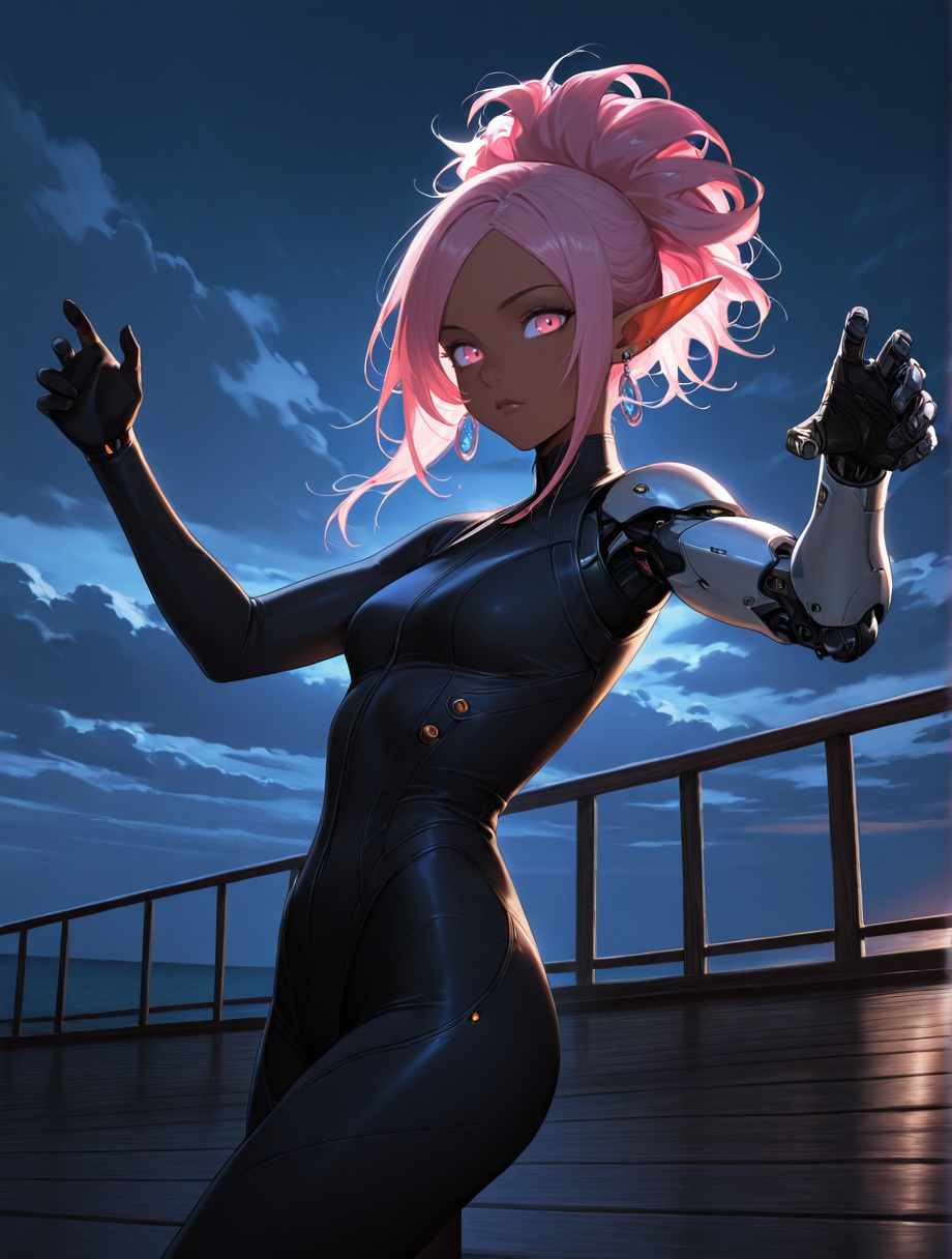 high quality, best quality, masterpiece, highres, very aesthetic, absurdres, detailed hair, <lora:NSFWFilter_illusXL_Incrs_v1:-.5>, solo focus, dynamic pose, cowboy shot, wide shot, zoom layer, 
space elf, medium hair, pink hair, updo, soft pink eyes, dark-skinned female, very dark skin, <lora:Racethnicity2.35-Ill-000007:1>, Latina, pointy ears, earrings, petite, small breasts, , cyborg, prosthetic arm, science fiction
, outdoors, horizon, on a wooden bridge, night, dark theme, low lighting, cloudy,