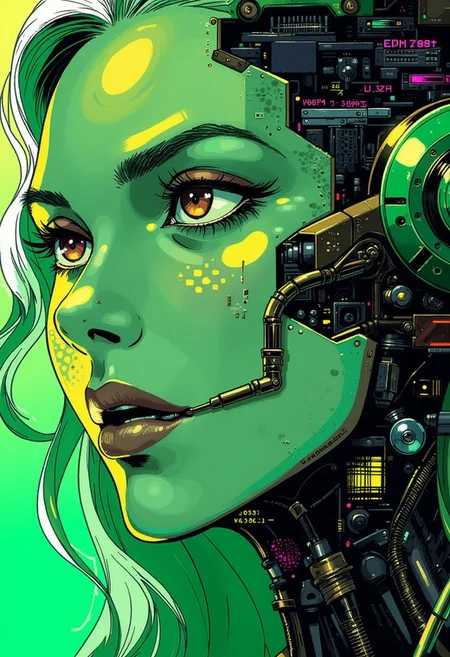 <lora:ck-Goro-Fujita:1>, digital artwork in the style of ckgf, A mesmerizing close-up portrait of an alien woman, her striking features blending extraterrestrial elegance with subtle mechanical elements. Her skin has a smooth, otherworldly texture, adorned with small, organic patterns. Her long, wavy hair cascades around her face, but in the Gameboy-style palette of green, white, and black. Mechanical elements are seamlessly integrated into her face and neck—sharp, angular pieces emerge like delicate circuitry. The chiaroscuro-inspired lighting brings deep contrast, with bold shadows enhancing her alien beauty. The background features a cyberpunk workshop, and the limited palette emphasize the alien and mechanical features, while a soft green glow outlines parts of her face and hair, creating a futuristic yet nostalgic visual reminiscent of early handheld gaming
<lora:ck-nc-pastel-cyberpunk:0.3>
<lora:ck-MetalGearSolid:0.25>
<lora:RetroAnimeFluxV1:0.25>