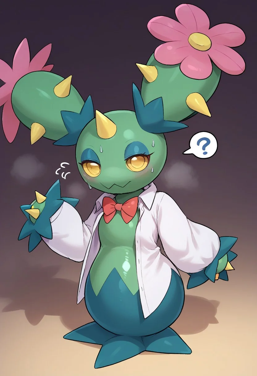 Score_9, score_8up, source_pokemon, (feral), red bowtie around neck, oversized topwear, (white shirt), Open shirt, business attire, long face, pokemon (species), implied transformation, solo, assertive eyes, female gender symbol, after transformation, cute, pokemon creature, feral, no humans, sweaty, confused face, glistening eyeshadow, maractus, pokemon (creature), naughty
