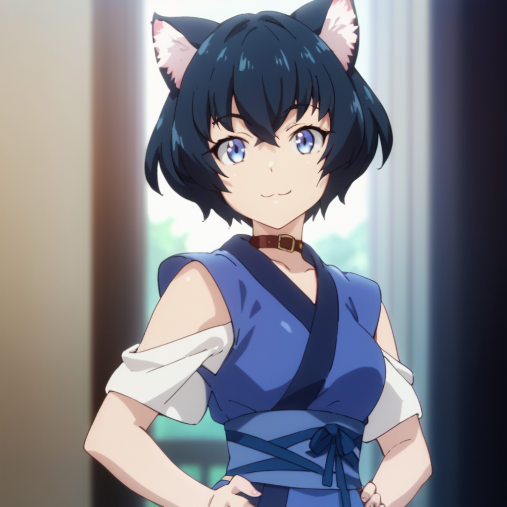 score_9, score_8_up, score_7_up, score_6_up, score_5_up, score_4_up, source_anime, , Miria, short hair, blue eyes, black hair, cat girl, , soft smile, standing, hands on hips