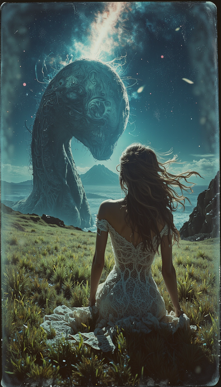ï»¿In an enchanting scene on an extraterrestrial planet, a stunning woman adorned in a delicate lace dress astride a captivating alien horse is captured by the lens of our hyperrealistic camera. The long grass undulates rhythmically under the ethereal light that filters through the cosmos, casting an enchanting ambiance on this sci-fi fantasy world. Every detail from her flowing hair to the intricate patterns etched into the dress and the horse's unique features is rendered with unparalleled precision in a photographic masterpiece