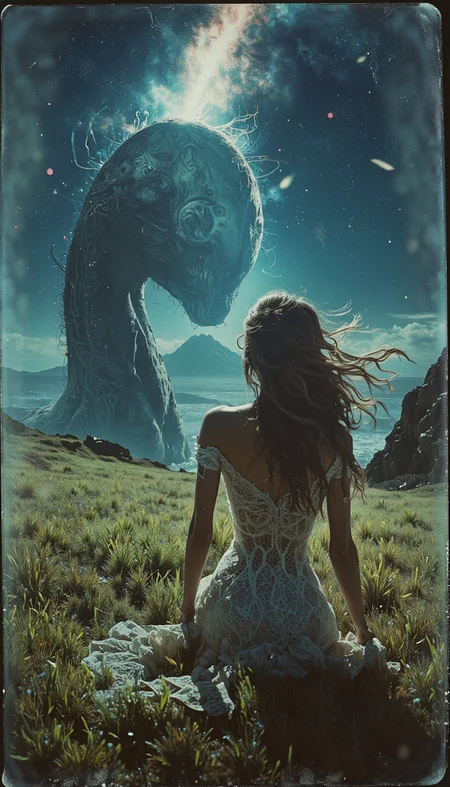 In an enchanting scene on an extraterrestrial planet, a stunning woman adorned in a delicate lace dress astride a captivating alien horse is captured by the lens of our hyperrealistic camera. The long grass undulates rhythmically under the ethereal light that filters through the cosmos, casting an enchanting ambiance on this sci-fi fantasy world. Every detail from her flowing hair to the intricate patterns etched into the dress and the horse's unique features is rendered with unparalleled precision in a photographic masterpiece