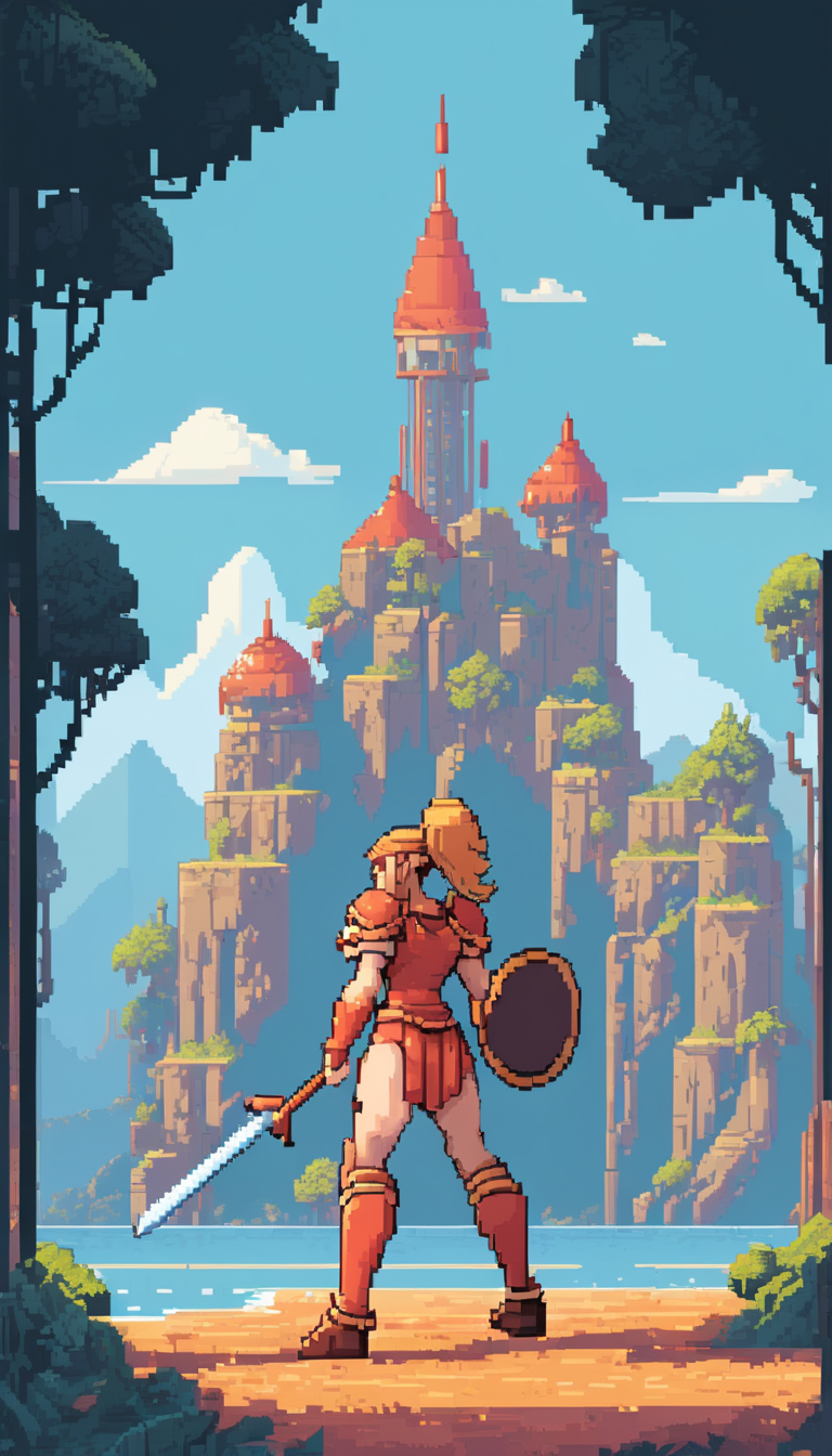pixel-art Cinematic scene, hero view, d2a amazon <lora:diablo_2_amazon_xl_v1:1>, action pose, detailed background, masterpiece, best quality, high quality, highres, absurdres . low-res, blocky, pixel art style, 8-bit graphics