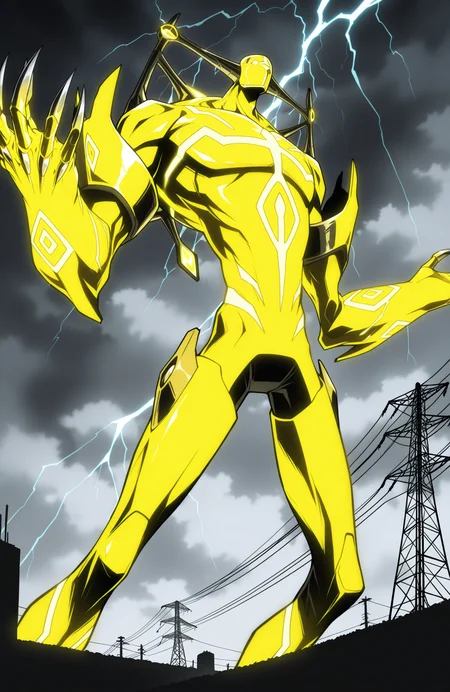 sk21_spof, humanoid, (electric body), yellow body,
from below,
arched back, spread arms, raised hands,
claws,
<lora:[Char - IL] Shaman King - Spirit of Fire (R1E14):1> 
BREAK
nuclear power plant silhouette, transformers, transmission tower, power lines, electrical substation,
cloudy, thunder,
best quality, masterpiece, highres,
