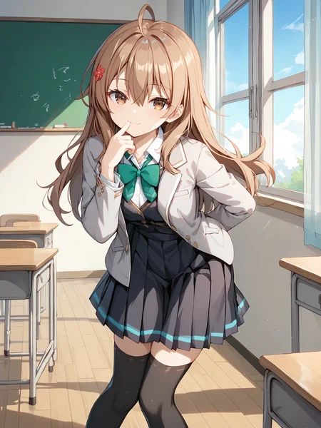 score_9, score_8_up, score_7_up, source_anime,
masha_ane, long hair, brown hair, ahoge, hair between eyes, hair red flower, hair ornament, brown eyes,
1girl, solo, full body, looking at viewer, cowboy shot, indoors, classroom, windows, blue sky, inviting,
light smile, leaning forward, arms at back, hand to mouth,
school uniform, grey jacket, open jacket, long sleeves, green bow, white shirt, collared shirt, black vest, button, black dress, black thighhighs,
<lora:hinaAlyaMashaYuki_wifu_v2:0.8>