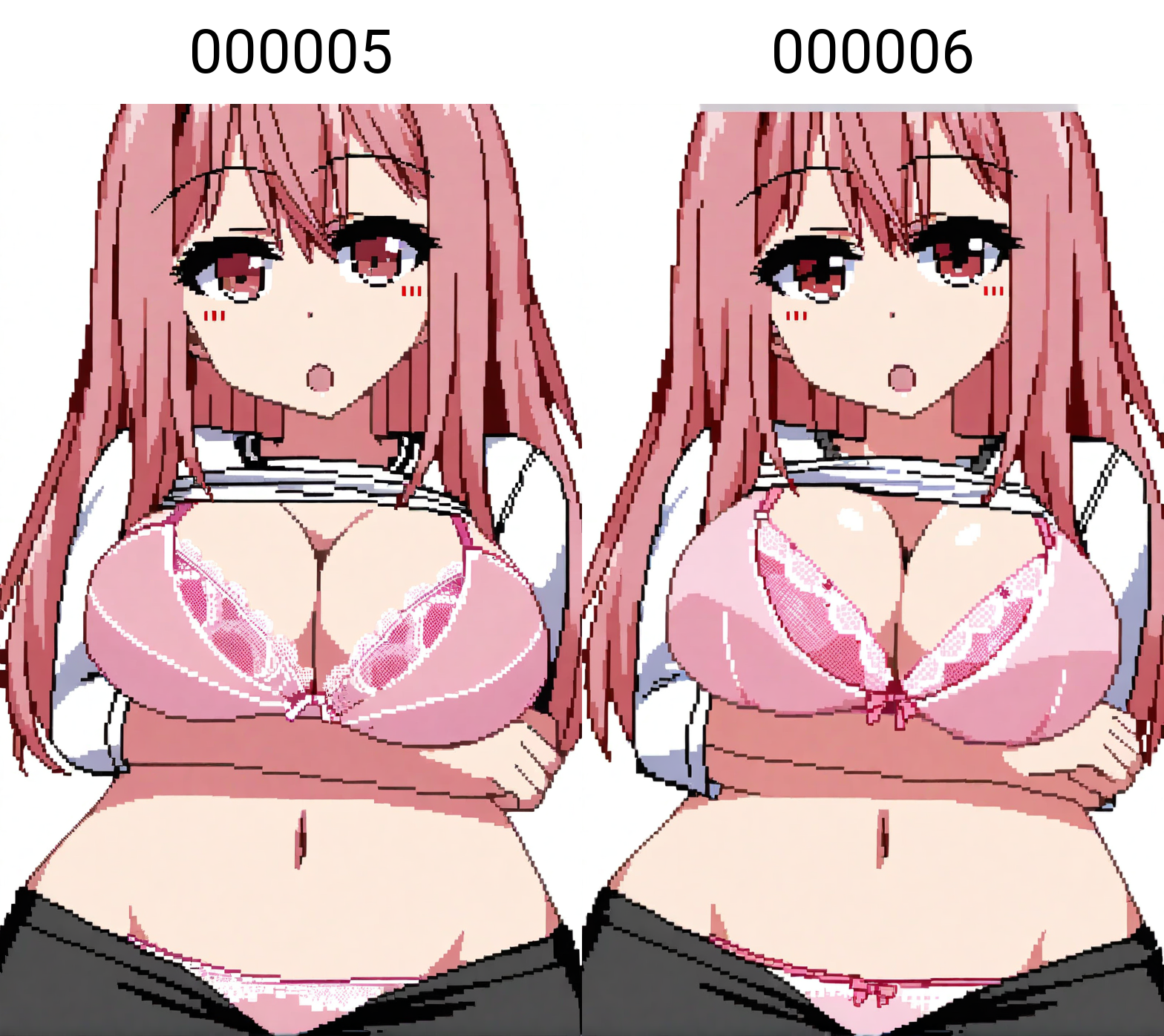 character: Mizuki (ç¾æ), character: Mizuki (ç¾æ) clothes4, pixel art, 1girl, solo, simple background, white background, cowboy shot, looking at viewer, open mouth, pink hair, long hair, large breasts, cleavage, breast hold, arm under breasts, navel, thigh gap, shirt lift, pink bra, black pants, long sleeves, :o, red eyes, white shirt
<lora:Mizuki (ç¾æ) v7.4 (å¤æè£æ­£ååå¾ç¿»è½¬)-000005:1>