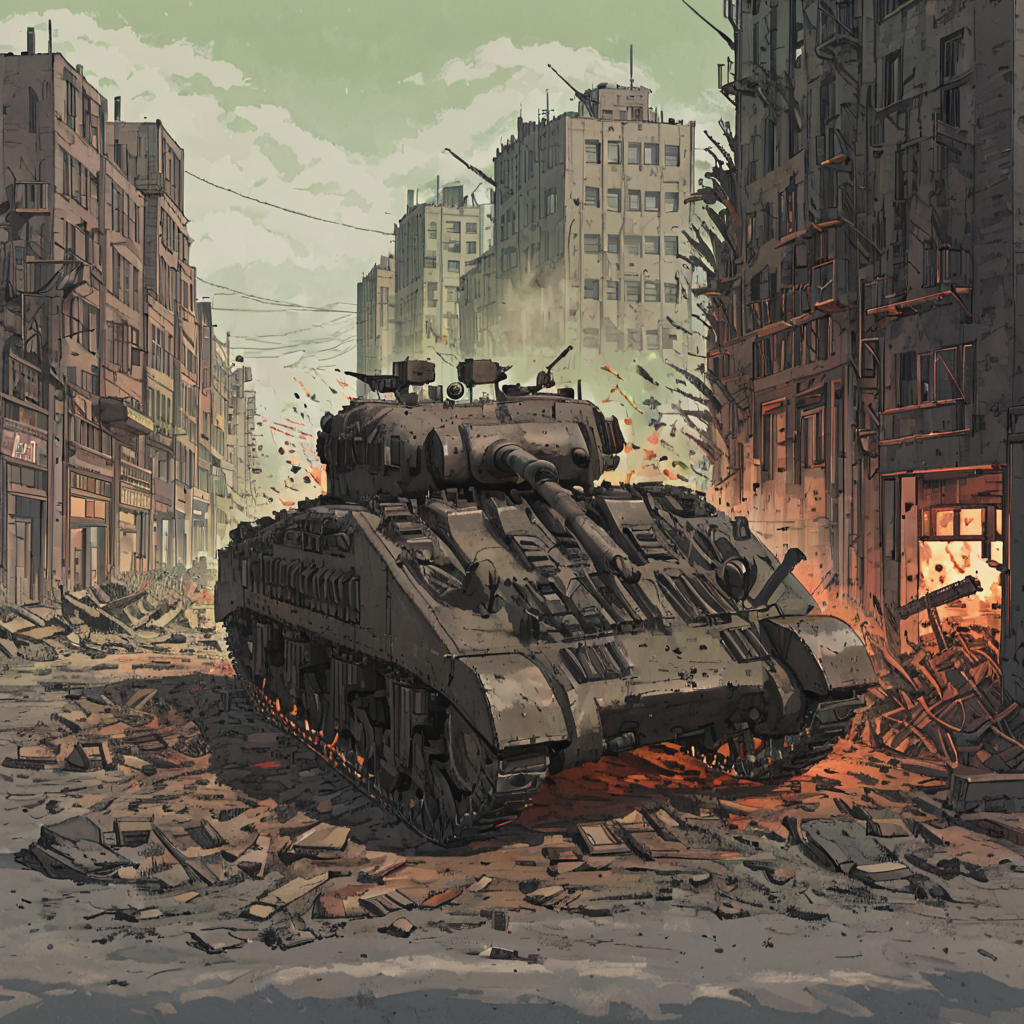tank driving down a city street through wreckage and debris, explosions, smoke, fog of war, rubble, frflytnk, vehicle focus  ((pulp_comic, heavy_lines, hand_drawn, hand_inked, hand_colored, apxlz))