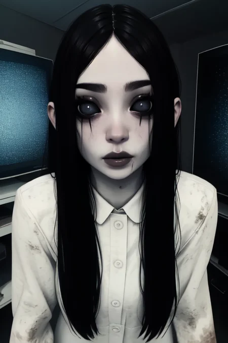Sadako, long black hair, facing viewer, pale skin, hair over eyes,
White dress, long sleeves ,dirty clothes,
solo, standing,
dark room, large TVs,
(insanely detailed, beautiful detailed face, masterpiece, best quality) <lora:TheOnryo-09:0.7>