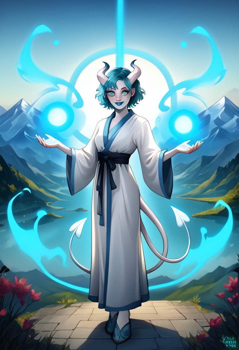 Solo, full body, female, Tiefling, pointed ears, short white horns, light blue tipped horns, colored sclera, smiling, cute face, freckles, ghostly white skin, short teal hair, blue lipstick, blue eye makeup, teal eyes, long demon tail, triangle tip tail, tail, sorcerer, light blue sorcerer robe, Aura, light blue energy, glowing, swirling energy, dynamic pose, scenery, mountain, white tail, black pupils