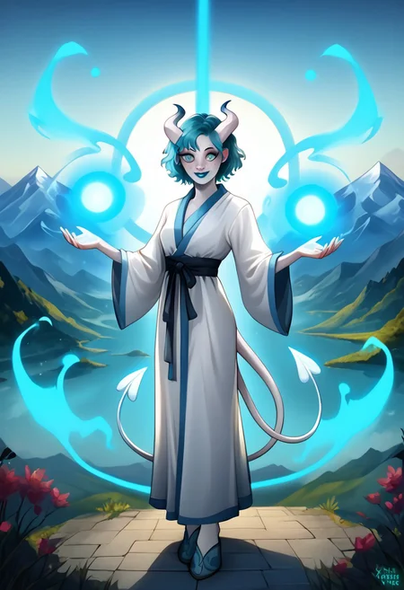 Solo, full body, female, Tiefling, pointed ears, short white horns, light blue tipped horns, colored sclera, smiling, cute face, freckles, ghostly white skin, short teal hair, blue lipstick, blue eye makeup, teal eyes, long demon tail, triangle tip tail, tail, sorcerer, light blue sorcerer robe, Aura, light blue energy, glowing, swirling energy, dynamic pose, scenery, mountain, white tail, black pupils